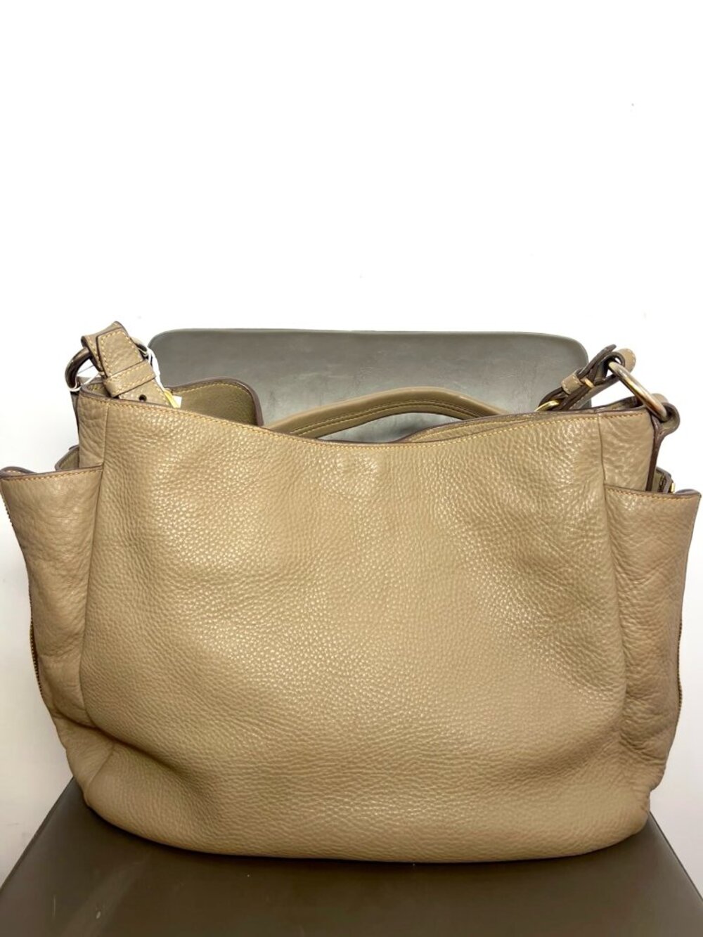 Prada Vitello Phenix Milk Tea Grained Calfskin Zip Hobo Shoulder Bag - Picture 2 of 9